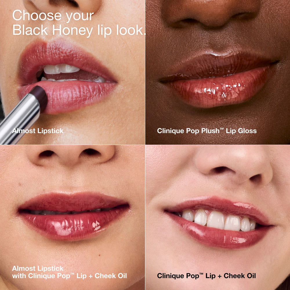 Clinique Pop™ Lip + Cheek Oil in Black Honey, Pink Honey and Nude Honey, 7.0 ml, Black Honey, Model, multiple