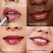 Clinique Pop™ Lip + Cheek Oil in Black Honey, Pink Honey and Nude Honey, 7.0 ml, Black Honey, Model, multiple
