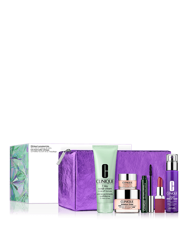 Clinique’s Greatest Hits Set, Six full-size skincare and makeup all-stars, all in an exclusive set. $52.50 with any $38 purchase. A $260.00 value.