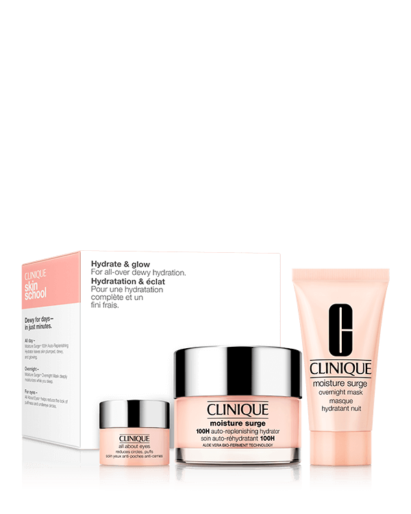 Hydrate &amp; Glow Skincare Set, 3 skincare favorites for all-over dewy hydration, including our bestselling Moisture Surge™ 100H Hydrator in full size. A $68.00 value.