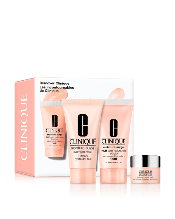 Discover Clinique Skincare Set, A set of before-bed hydration heroes. $12 with any eligible purchase. A $53 value.