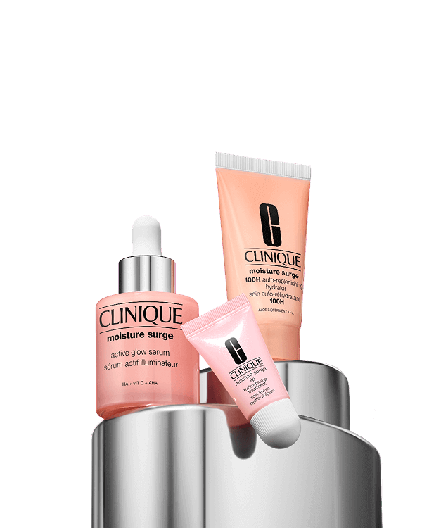 Active Glow Kit: Moisture Surge Set, A trio of skincare essentials to leave you glowing—including our powerful hydrator, serum, and multitasking lip balm.
