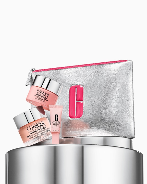 Glow from AM to PM: Moisture Surge Set, A trio of hydration heroes to keep you glowing from sunrise to sunset. Plus, an exclusive bag.
