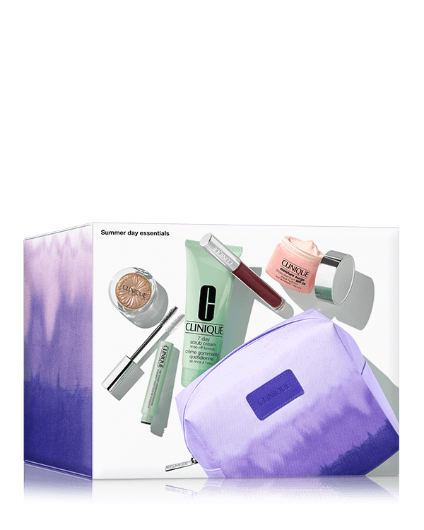 Summer Day Skincare and Makeup Essentials, Everything you need for a fresh, glowing summer look. All in a purple ombre bag. $45 with any eligible purchase. A $180 value.
