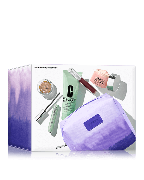 Summer Day Skincare and Makeup Essentials, Everything you need for a fresh, glowing summer look. All in a purple ombre bag. A $180 value.