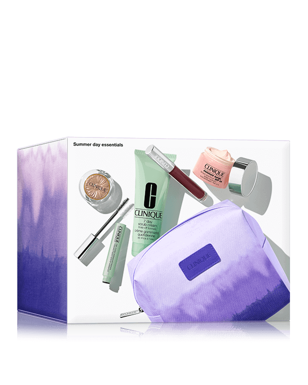 Summer Day Skincare and Makeup Essentials, Everything you need for a fresh, glowing summer look. All in a purple ombre bag. $45 with any eligible purchase. A $180 value.