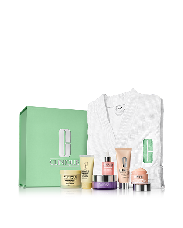 Luxe Self Care Set, A collection of 6 full-size hydrating essentials plus a limited-edition robe for a luxurious nighttime skincare routine. All ready to gift in a beautiful box.